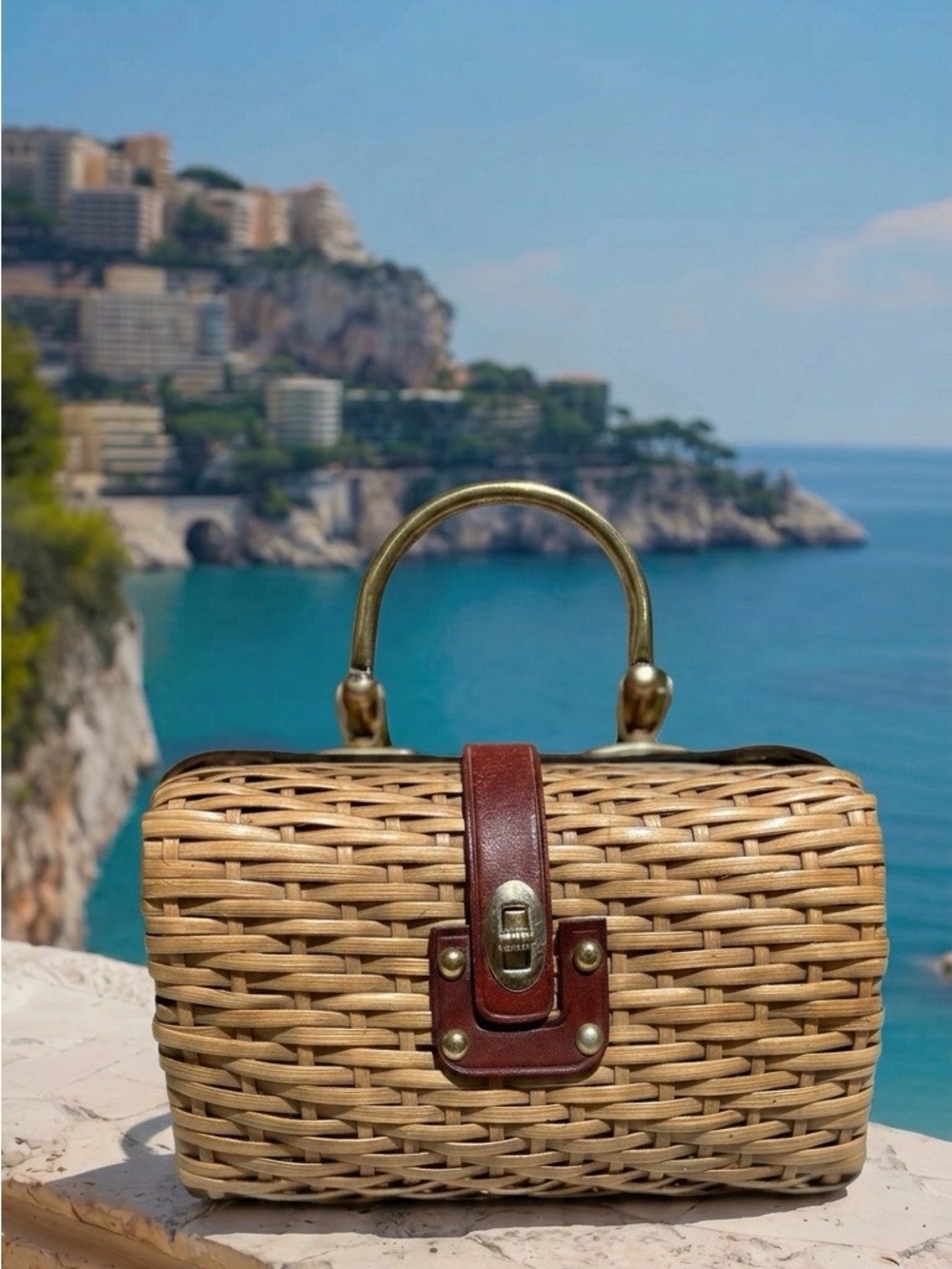 Vintage Woven Straw Top-Handle Bag with Brown Leather Trim